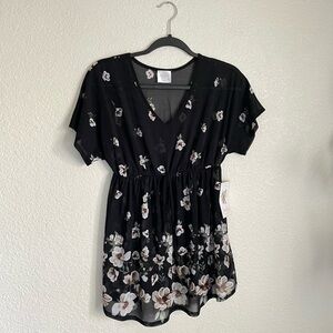 Siren Lily Maternity Floral Print Sheer Baby Doll Blouse S Black White NEW